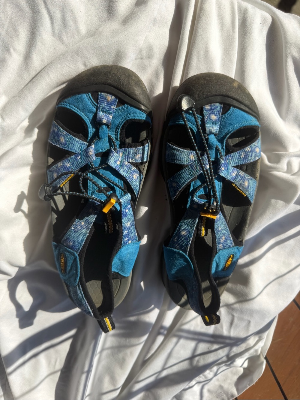 Keen Blue Teal Pattern Sport Sandals with Yellow Accents